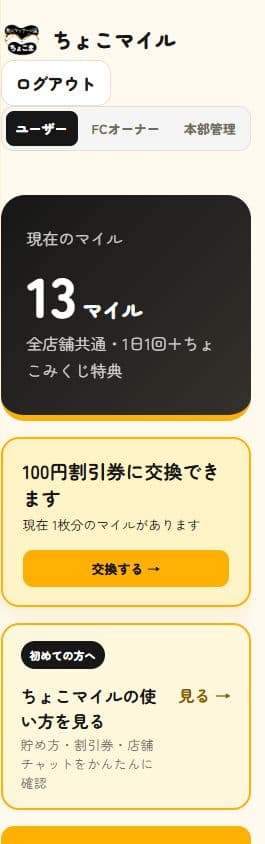 ちょこマイルにログインした後の会員画面