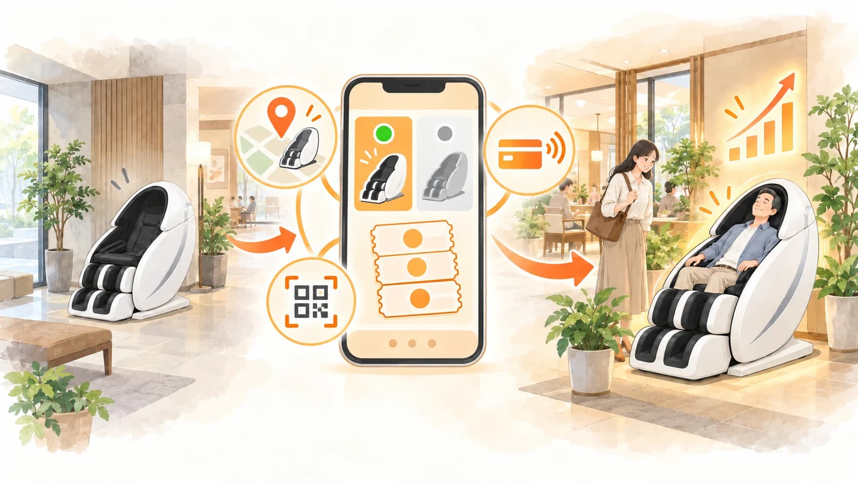 既設マッサージチェアに、スマートフォンでの空き状況確認、回数券、QR読み取り、キャッシュレス決済を組み合わせるイメージイラスト